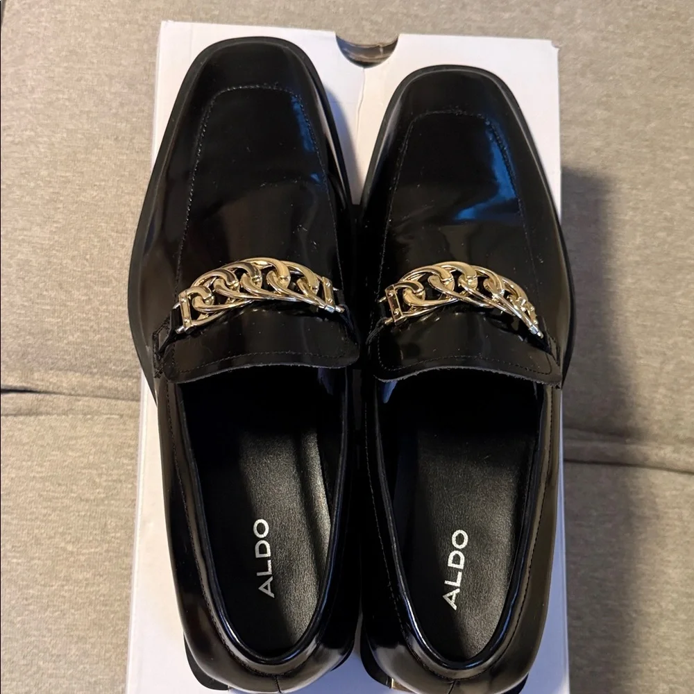 Aldo Black Leather Loafers with Gold Chain Trim
